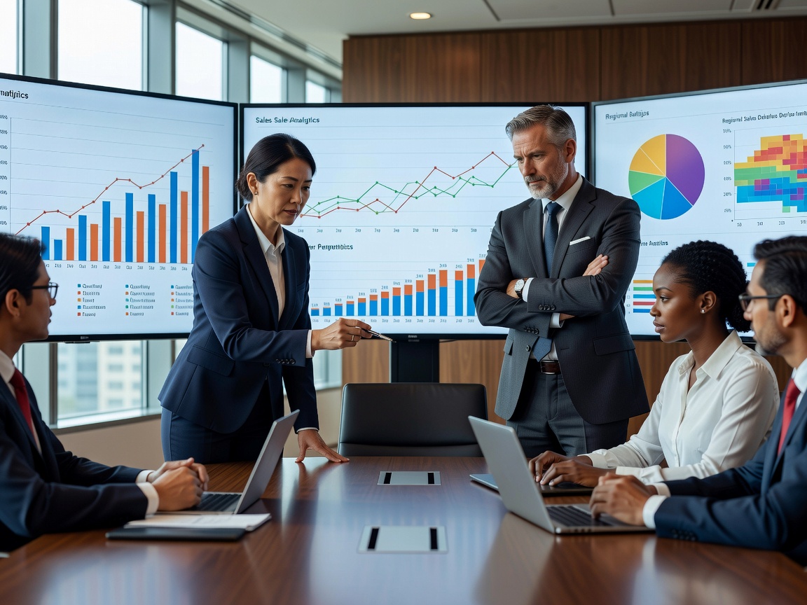 Sales leadership executive team analyzing AI implementation metrics